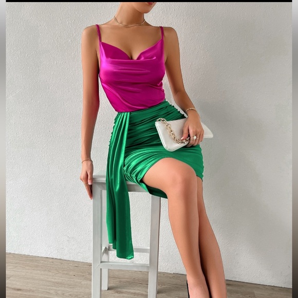 Two Tone Draped Ruched Side Satin Cami Dress - Picture 7 of 9